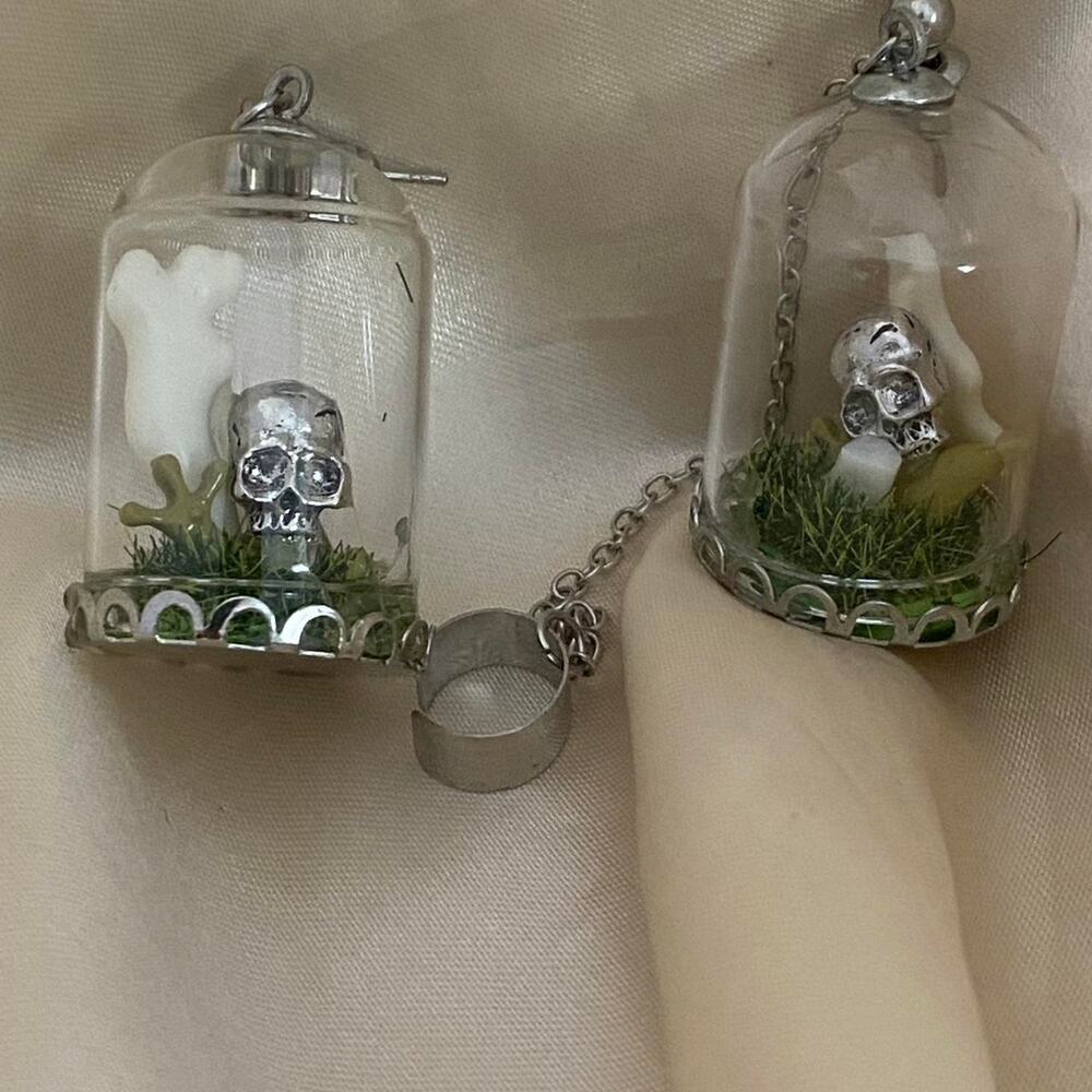 Gothic Glass Dome Terrarium Earrings Set Skull Ghost Ear Cuff Spooky
